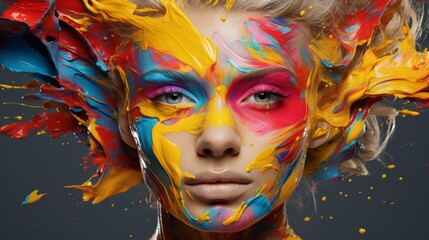 A portrait of a person with paint splashes across their face and background, using conceptual makeup to merge reality with colorful art