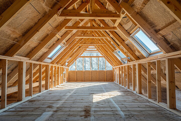 Interior frame of new wooden house under construction. Wood roof trusses constructed with construction framing beams timber.