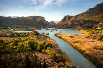 Ojós reservoir at sunrise from the Alto de Bayna viewpoint in the Ricote Valley, Region of Murcia,...