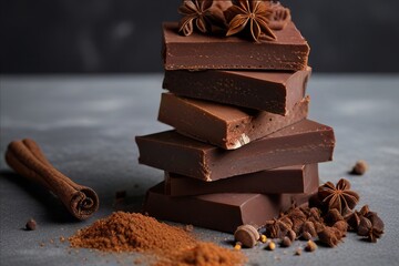 Stack of chocolate slices with spices on a dark slate, stone or concrete background