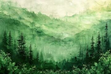 Mountain landscape with coniferous forest in the mist,  Digital painting