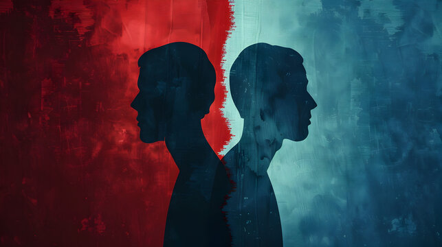 Illustration of a person with a shadowy doppelganger to show inner conflict.



