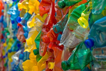 An impactful and colorful arrangement of plastic bottles depicts the issues of recycling and plastic waste