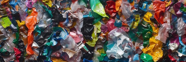 An impactful full-frame image of various crumpled plastics in multiple colors illustrating waste