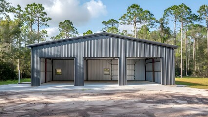 Fototapeta premium Steel commercial garage building with straight walls for durability and functionality. Concept Steel Buildings, Commercial Garages, Straight Walls, Durability, Functionality