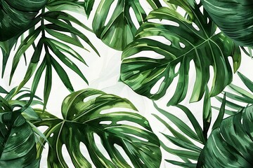Tropical leaves seamless pattern,  Monstera leaves on white background