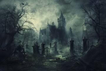 Gothic castle and graveyard in the fog,  Halloween background - obrazy, fototapety, plakaty