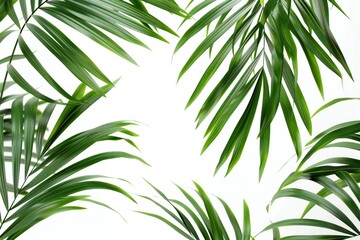 Green leaves of palm tree on white background with copy space for text