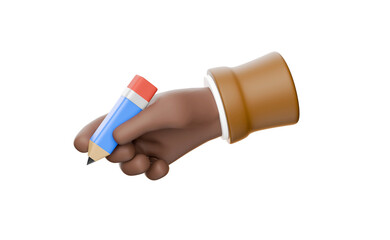 brown 3d hand holding pencil, transparent background