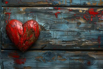 Red heart on an old wooden background,  Valentines day card