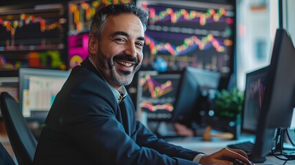 Successful Middle Aged Businessman Celebrates Another Profitable Trade in His Vibrant Office Environment