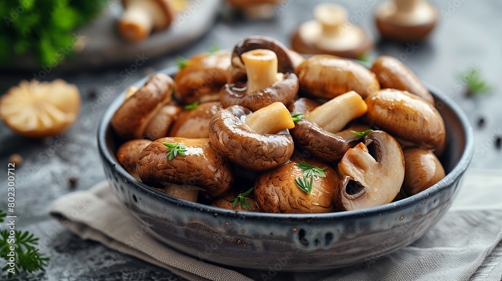 Wall mural sautéed mushrooms with parsley in a dish.