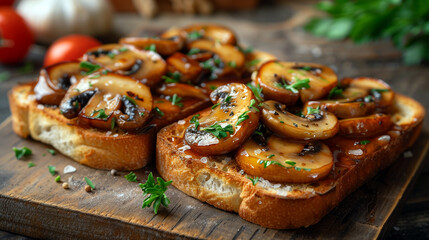 Toasted bread with mushrooms and parsley on a wooden table. 