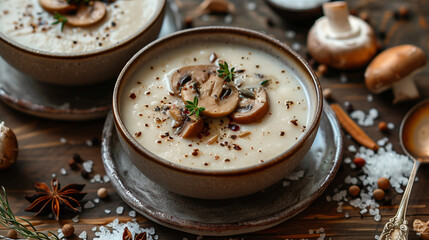 A mushrooms soup cream in a bowl.