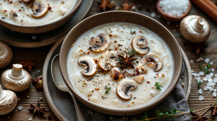 A mushrooms soup cream in a bowl.