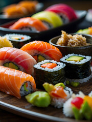 a vibrant depiction of a Japanese sushi dinner spread, featuring a variety of colorful sushi delights.
