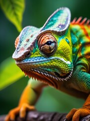 Obraz premium A captivating macro shot of a chameleon, its vibrant scales a stunning palette of greens, blues, and yellows. The creature’s intricate eye detail and textured skin are in sharp focus. 
