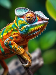 Obraz premium A captivating macro shot of a chameleon, its vibrant scales a stunning palette of greens, blues, and yellows. The creature’s intricate eye detail and textured skin are in sharp focus. 