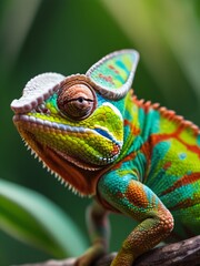 Fototapeta premium A captivating macro shot of a chameleon, its vibrant scales a stunning palette of greens, blues, and yellows. The creature’s intricate eye detail and textured skin are in sharp focus. 