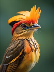 Fototapeta premium A captivating close-up of a Tropical Royal Flycatcher. The bird, adorned with a vibrant golden crest, exudes majesty and elegance. Its sharp gaze, set against a serene green backdrop.