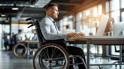 Fototapeta premium Disabled Afro businessman working on a laptop. Bright colors.
