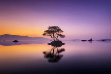 Fototapeta na wymiar This serene landscape captures the enchanting moment of sunset with smooth transitions of purple and orange hues painting the sky