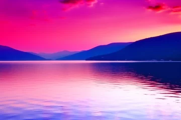 Fotobehang This serene landscape captures the enchanting moment of sunset with smooth transitions of purple and orange hues painting the sky © GinaKoch