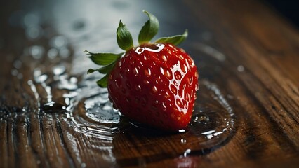 A strawberry placed on a wooden cutting board
