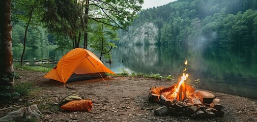 a tent on the shore of the lake