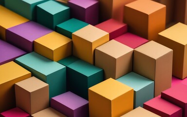 Obraz premium A vibrant display of geometric shapes cut from colored cardboard, meticulously arranged to create an abstract pattern. The playful interplay of colors and shapes.