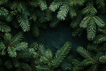 Fototapeta na wymiar Christmas background, Fir tree branches on dark green background, Flat lay, top view