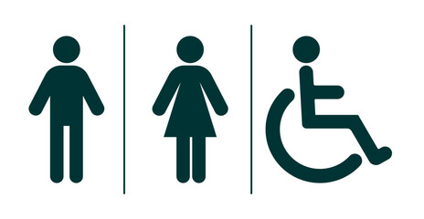 Green toilet, male, female and disabled icons on white background