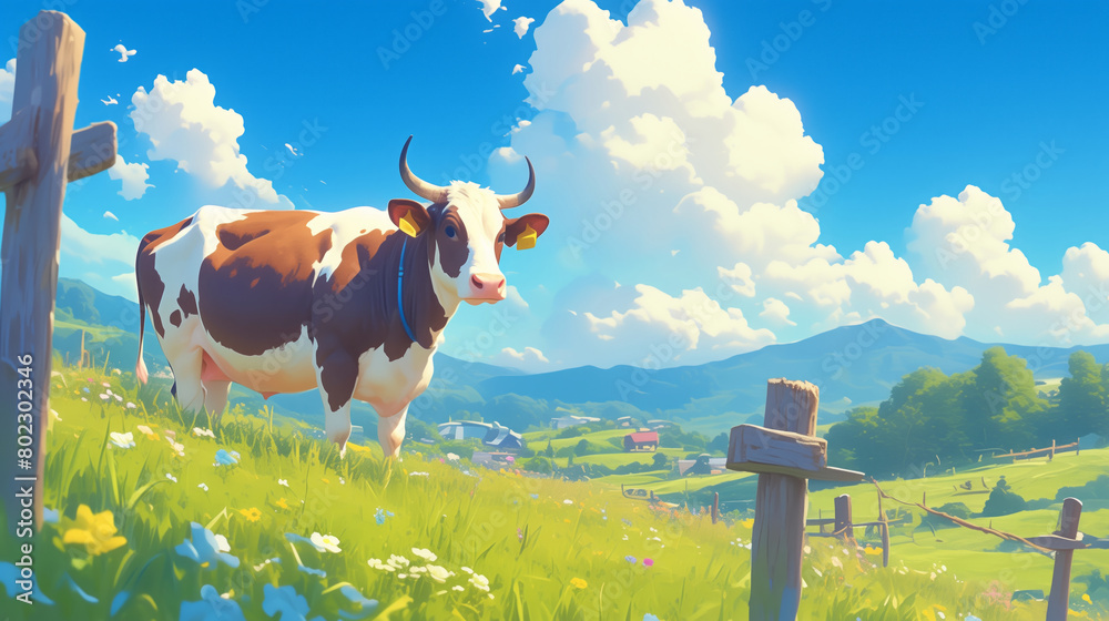 Wall mural a cow is standing still in a serene field againts blue sky