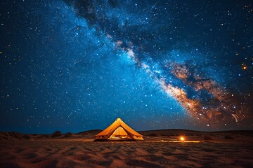 Tourist tent in the desert at night with milky way and stars - obrazy, fototapety, plakaty