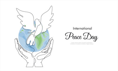 International Day of Peace. Hands, Bird, globe, flowers continuous drawing. Concept of love, peace and kindness. Text. Vector