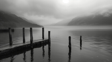 Obraz premium morning on the lake, black and white