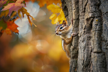 Obraz premium Autumn Chipmunk Perched on a Tree Trunk Amidst Falling Leaves