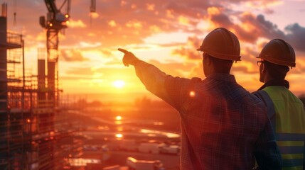 Fototapeta premium Construction Workers Overseeing Sunset