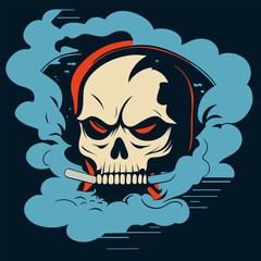 a skull in smoke cloud t-shirt graphics style, dark background, vector illustration flat 2