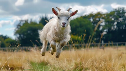 Dwarf Goat jumping playfully in a field, perfect for showcasing their lively and friendly nature