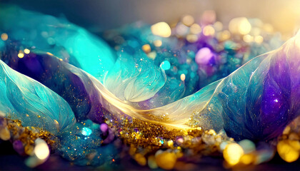 水色と紫色の玉ボケ金の波の背景、プリズム、キラキラの宝石、光の粒、フラクタル 2024