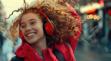 Happy woman dancing and listening to music with headphones in the city, beautiful curly hair girl wearing red sweatshirt, street style