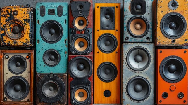 Vibrant stack of orange and blue music speakers for an immersive audio experience