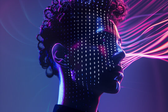 Binary code projected on a girl’s neon-lit face