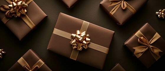 Happy Holidays mock up with chocolate gift box on brown. Celebration greeting background with sweets, presents, confetti, decorations. Flat lay. Top view. Generative Ai