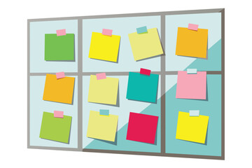 Colorful sticky notes on glass board, vector cartoon illustration.