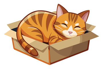Content tabby cat sleeping in a cardboard box vector cartoon illustration. 