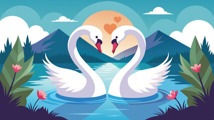 Swans forming heart shape on lake vector cartoon illustration. Romantic birds creating symbol of love.