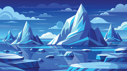Iceberg landscape in cold ocean vector cartoon illustration. Crystal blue ice formations floating in sea.