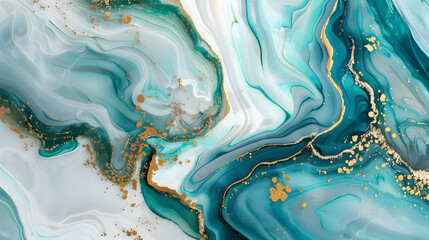 Teal green and white marble stone with gold veins Background.